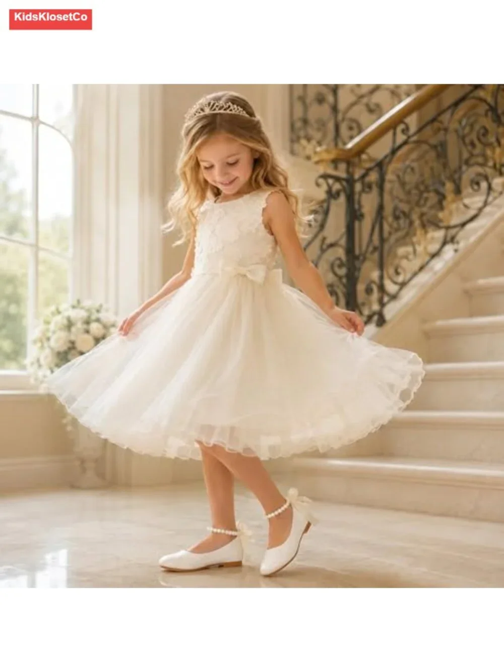 Toddler Girls Mary Jane Ballet Flats with Pearl Ankle Strap, Princess Dress